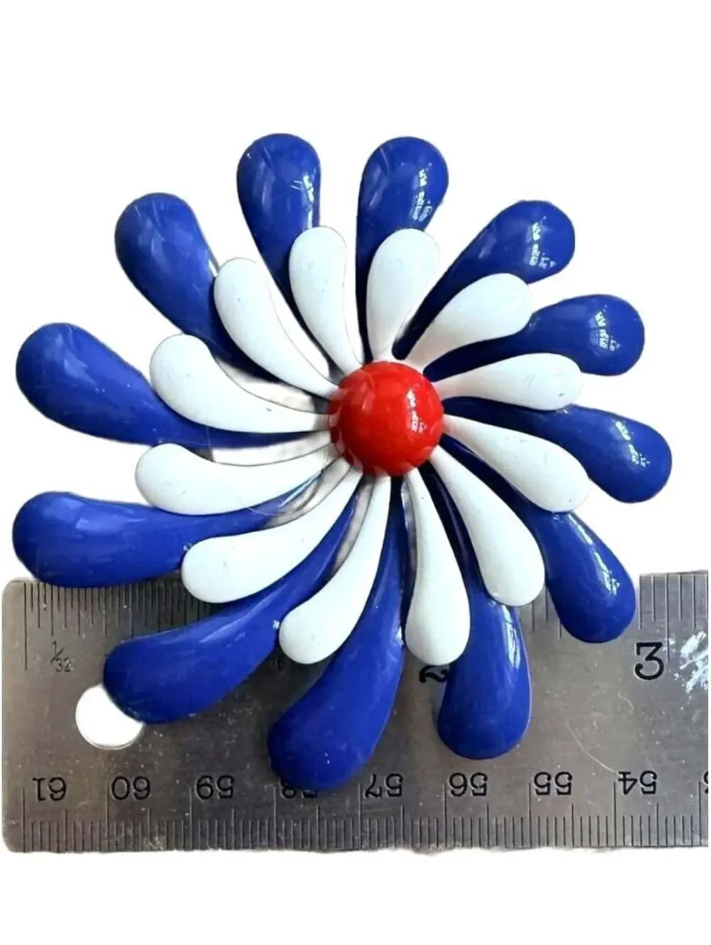 Vintage Enamel Flower Brooch Blue White Red Atomic Mid Century Pin